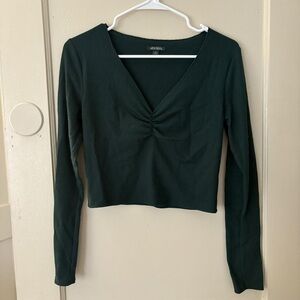 Wild Fable Forest Green Ruched V-Neck Long Sleeve Top